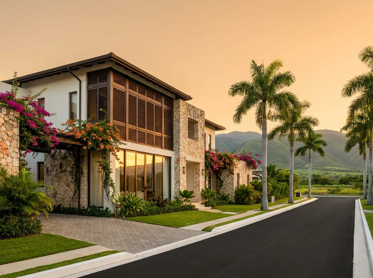 Une villa contemporaine en pierre et stuc blanc, avec galerie à persiennes et bougainvilliers, face à une rue asphaltée bordée de palmiers